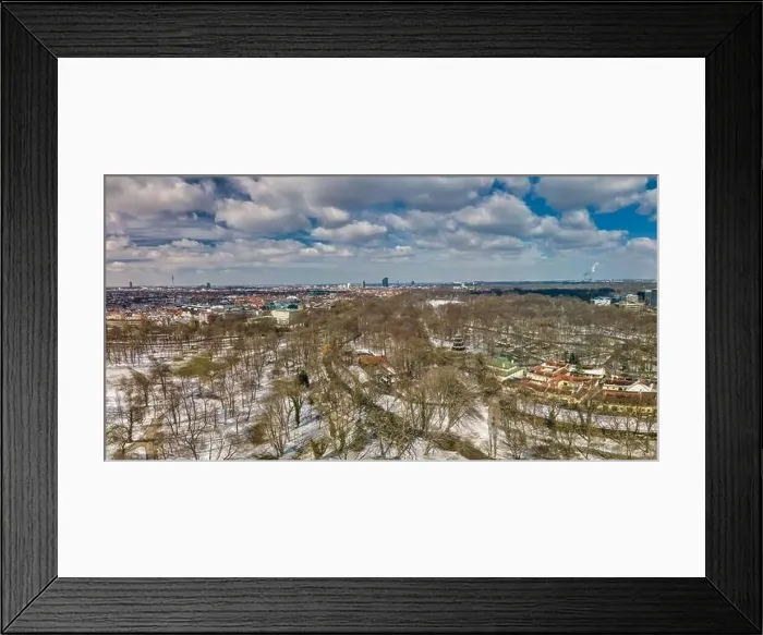 Framed Print : Panoramic winter aerial, snowy munich at the Englischer Garten with the Chinese Turm