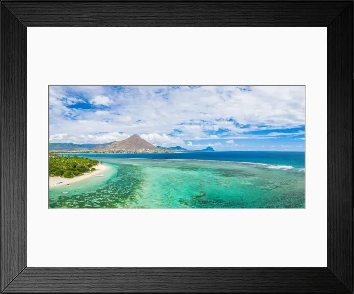 Framed Print : Aerial panoramic by drone of Flic en Flac beach with Tamaris village and Le Morne mountain Framed Print : Aerial panoramic by drone of Flic en Flac beach with Tamaris village and Le Morne mountain