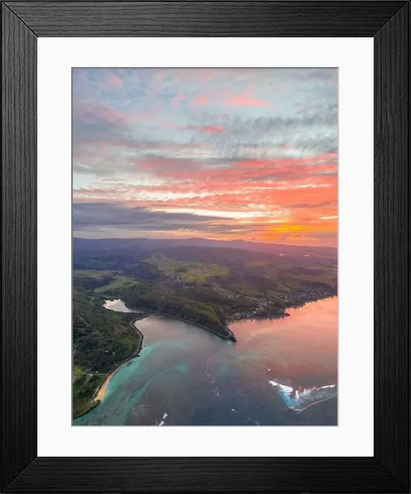 Framed Print : Sunrise over the ocean along south coast, aerial view by drone, Baie Du Cap, Mauritius, Indian Ocean, Africa Framed Print : Sunrise over the ocean along south coast, aerial view by drone, Baie Du Cap, Mauritius, Indian Ocean, Africa