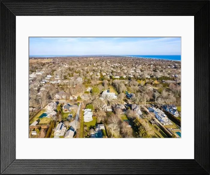 Framed Print : Drone image looking east of house in Amagansett, NY Framed Print : Drone image looking east of house in Amagansett, NY