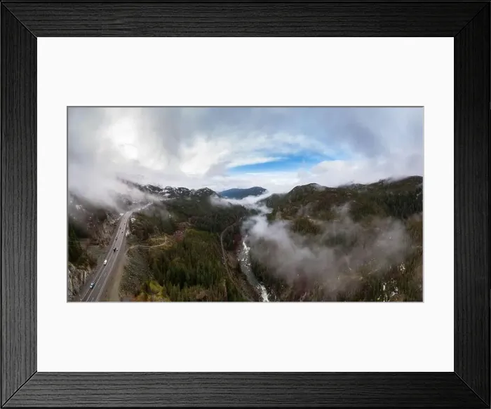 Framed Print : Aerial Panoramic drone view of Sea to Sky Highway during a cloudy winter morning Framed Print : Aerial Panoramic drone view of Sea to Sky Highway during a cloudy winter morning