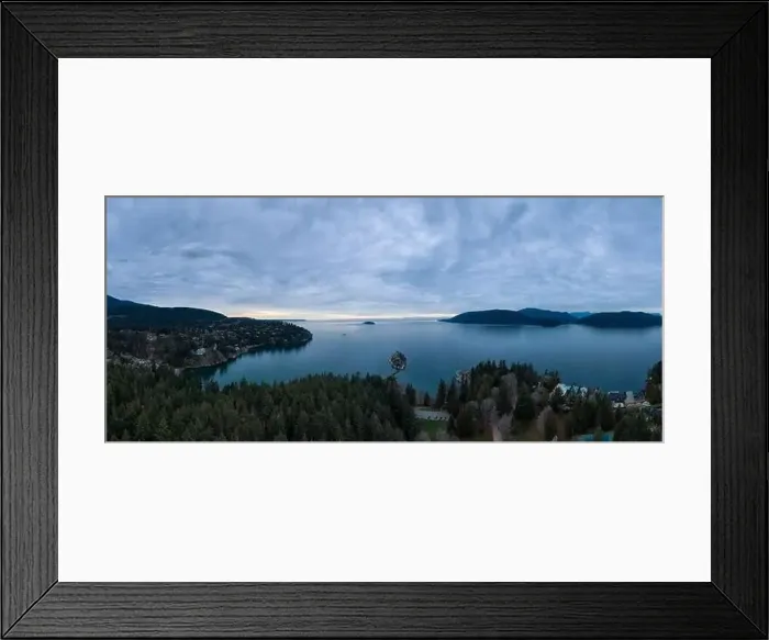 Framed Print : Aerial Panoramic view of a beautiful Canadian Landscape during a cloudy winter sunset