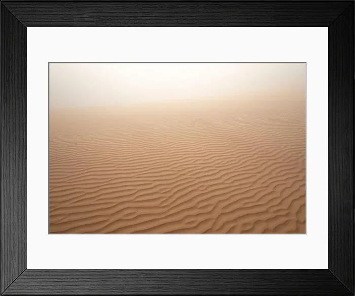 Framed Print : Abstract image of a patterned sand dune in dense fog on a winter morning. Liwa desert, Abu Dhabi, United Arab Emirates Framed Print : Abstract image of a patterned sand dune in dense fog on a winter morning. Liwa desert, Abu Dhabi, United Arab Emirates