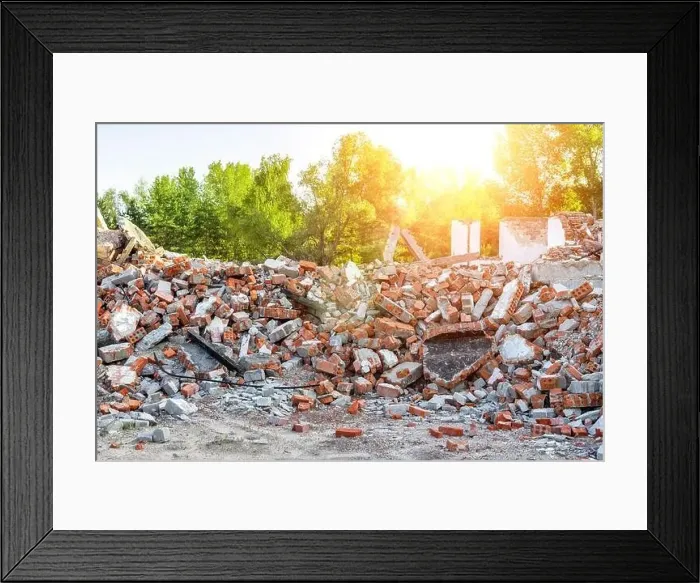 Framed Print : Close-up view ruins of old demolished industrial building Framed Print : Close-up view ruins of old demolished industrial building