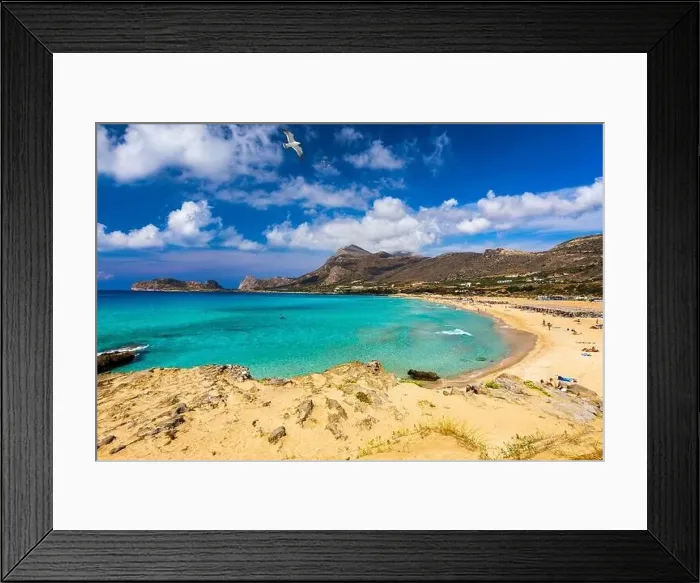 Framed Print : Panorama of turquoise beach Falasarna (Falassarna) in Crete with seagulls flying over Framed Print : Panorama of turquoise beach Falasarna (Falassarna) in Crete with seagulls flying over