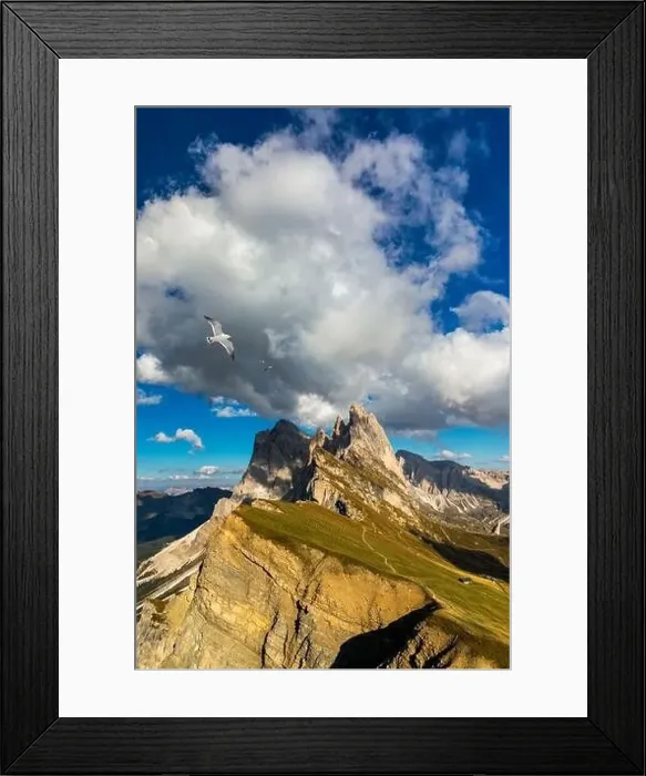 Framed Print : View on Seceda with birds flying over the peaks Framed Print : View on Seceda with birds flying over the peaks