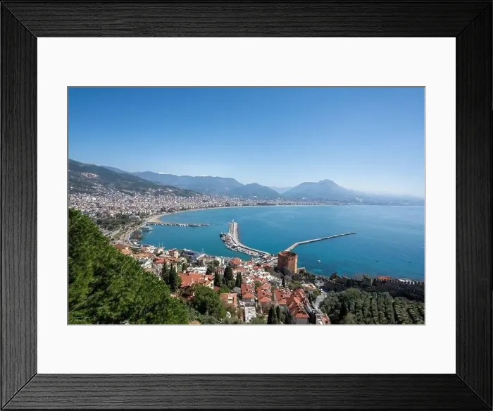 Framed Print : An aerial view of the bay Alanya in Antalya Turkey. Sea and city with an open sky