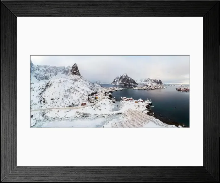 Framed Print : Aerial view, Panorama, Lofoten islands with fishing village on coastline in gloomy on winter at Norway Framed Print : Aerial view, Panorama, Lofoten islands with fishing village on coastline in gloomy on winter at Norway