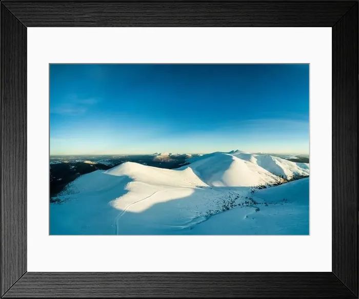 Framed Print : Wonderful day panorama of snowdrifts in the mountains among the forests on a sunny frosty foggy day Framed Print : Wonderful day panorama of snowdrifts in the mountains among the forests on a sunny frosty foggy day
