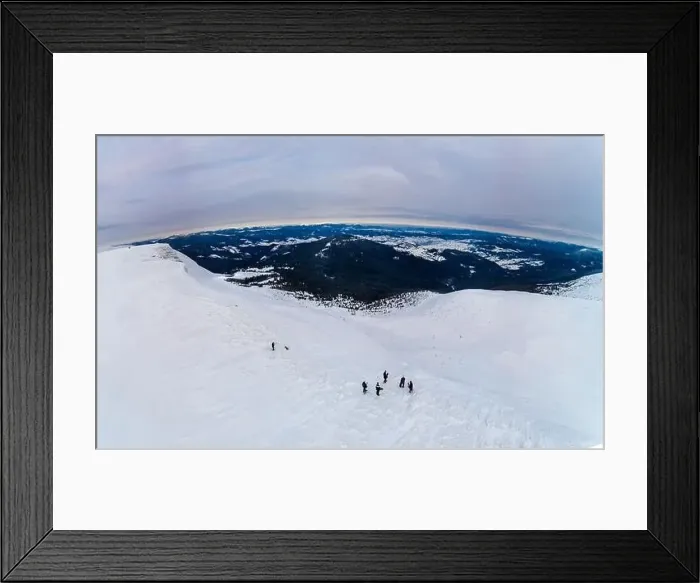 Framed Print : Skiers on top. Amazing aerial view of a hill covered with a thick layer of snow on a cloudy foggy day Framed Print : Skiers on top. Amazing aerial view of a hill covered with a thick layer of snow on a cloudy foggy day