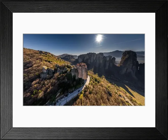 Framed Print : Aerial view of monastery Rousanou and breathtaking picturesque valley and landmark canyon of Meteora at sunset Framed Print : Aerial view of monastery Rousanou and breathtaking picturesque valley and landmark canyon of Meteora at sunset