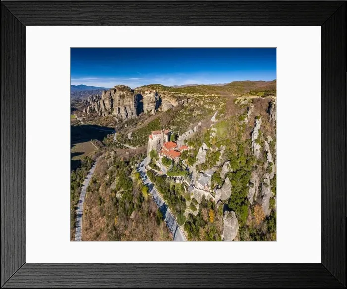 Framed Print : Aerial view of monastery Rousanou and breathtaking picturesque valley and landmark canyon of Meteora at sunset Framed Print : Aerial view of monastery Rousanou and breathtaking picturesque valley and landmark canyon of Meteora at sunset