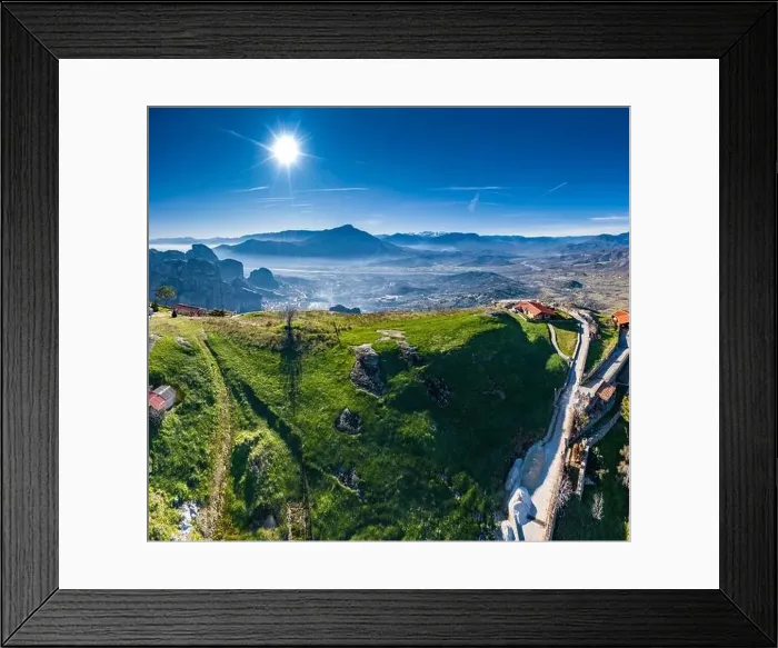 Framed Print : Aerial view of monastery of landmark canyon of Meteora and breathtaking picturesque valley at sunset Framed Print : Aerial view of monastery of landmark canyon of Meteora and breathtaking picturesque valley at sunset