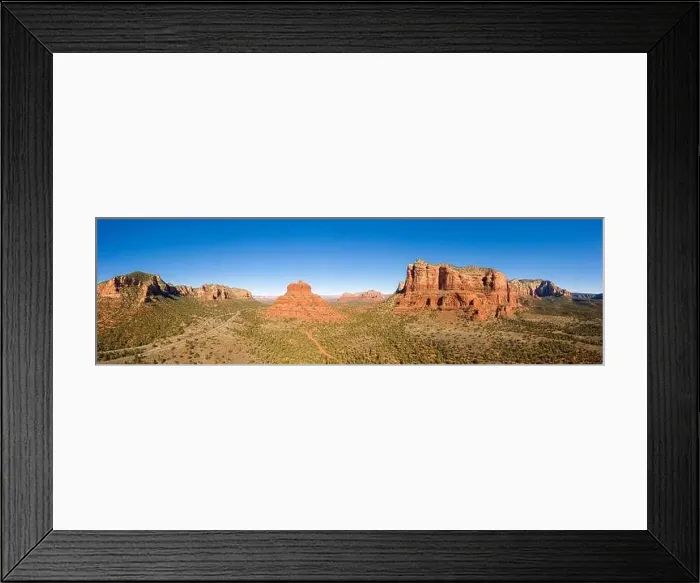 Framed Print : Aerial panorama of Bell Rock and Courthouse Butte in Sedona, Arizona with a bright blue clear sky Framed Print : Aerial panorama of Bell Rock and Courthouse Butte in Sedona, Arizona with a bright blue clear sky