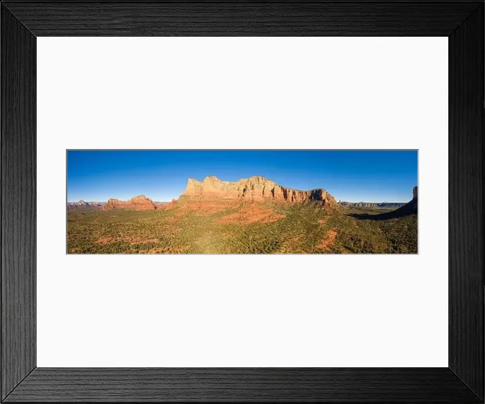 Framed Print : Aerial panorama of Bell Rock and Courthouse Butte in Sedona, Arizona with a bright blue clear sky Framed Print : Aerial panorama of Bell Rock and Courthouse Butte in Sedona, Arizona with a bright blue clear sky