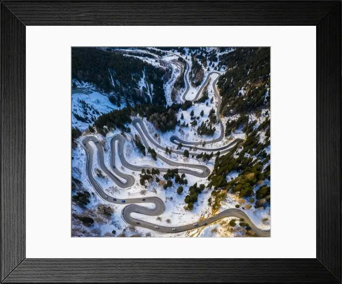 Framed Print : Aerial view of curves of Maloja Pass road, Bregaglia Valley, canton of Graubünden, Engadine, Switzerland Framed Print : Aerial view of curves of Maloja Pass road, Bregaglia Valley, canton of Graubünden, Engadine, Switzerland