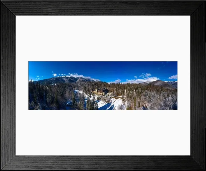 Framed Print : Aerial drone panoramic view of a beautiful Peles castle in Sinaia in the winter season, Transylvania, Romania Framed Print : Aerial drone panoramic view of a beautiful Peles castle in Sinaia in the winter season, Transylvania, Romania