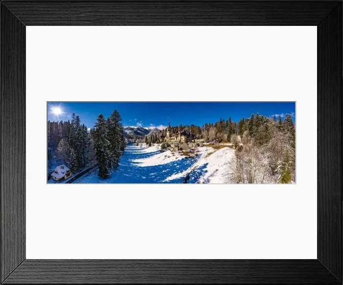 Framed Print : Aerial drone panoramic view of a beautiful Peles castle in Sinaia in the winter season, Transylvania, Romania Framed Print : Aerial drone panoramic view of a beautiful Peles castle in Sinaia in the winter season, Transylvania, Romania