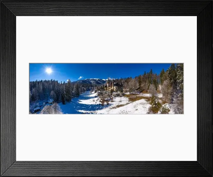 Framed Print : Aerial drone panoramic view of a beautiful Peles castle in Sinaia in the winter season, Transylvania, Romania Framed Print : Aerial drone panoramic view of a beautiful Peles castle in Sinaia in the winter season, Transylvania, Romania