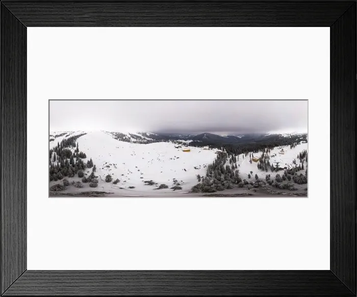Framed Print : Bewitching beautiful panorama of mountains and hills covered with fir trees on a winter cloudy day Framed Print : Bewitching beautiful panorama of mountains and hills covered with fir trees on a winter cloudy day