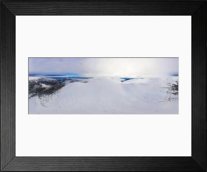 Framed Print : Stunning ski 360 panorama of gentle hills and mountains in the snow with tourist camps on a winter cloudy day