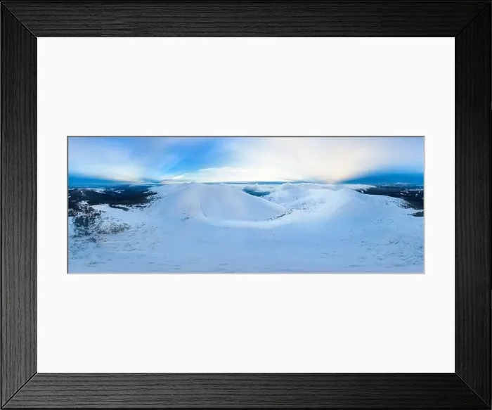 Framed Print : Magical panorama of a beautiful hill in the mountains covered by snow on the ski slope on a sunny day with a clear blue