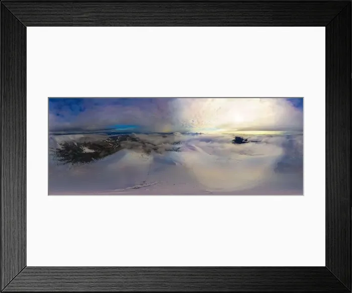 Framed Print : Aerial view of the stunning winter panorama of the snowy slopes and hills among the lush white clouds Framed Print : Aerial view of the stunning winter panorama of the snowy slopes and hills among the lush white clouds