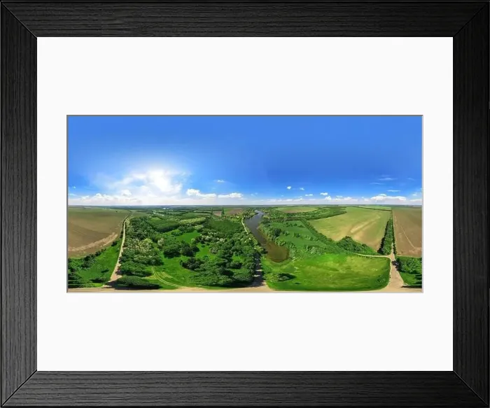 Framed Print : Aerial View: 360 degree shooting of Beautiful River and Green Meadows. Turn right. Magestic landscape Framed Print : Aerial View: 360 degree shooting of Beautiful River and Green Meadows. Turn right. Magestic landscape