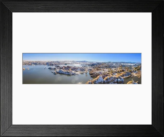 Framed Print : A panoramic winter image of Watson Lake in Prescott Arizona with the Granite Dells taken by a drone Framed Print : A panoramic winter image of Watson Lake in Prescott Arizona with the Granite Dells taken by a drone