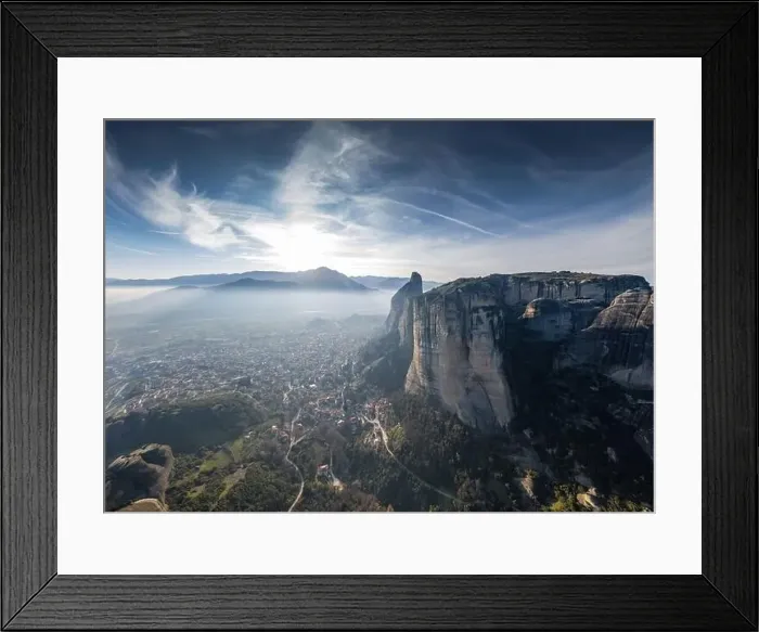 Framed Print : Aerial view of Unesco monument Meteora, the mountains, the landmark of Greek, sunny weather, fog, haze over a valley Framed Print : Aerial view of Unesco monument Meteora, the mountains, the landmark of Greek, sunny weather, fog, haze over a valley