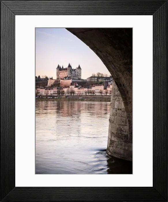 Framed Print : Panorama of Saumur skyline under a bridge arch with medieval castle and churches Framed Print : Panorama of Saumur skyline under a bridge arch with medieval castle and churches