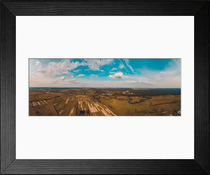 Framed Print : Beautiful landscape of the European plain with fields and a snaking river 2020 panorama Framed Print : Beautiful landscape of the European plain with fields and a snaking river 2020 panorama