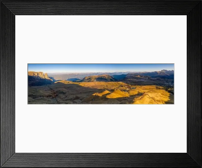 Framed Print : Aerial view by drone of autumn sunrise over Alpe di Siusi (Seiser Alm), Dolomites, South Tyrol, Italy, Europe Framed Print : Aerial view by drone of autumn sunrise over Alpe di Siusi (Seiser Alm), Dolomites, South Tyrol, Italy, Europe