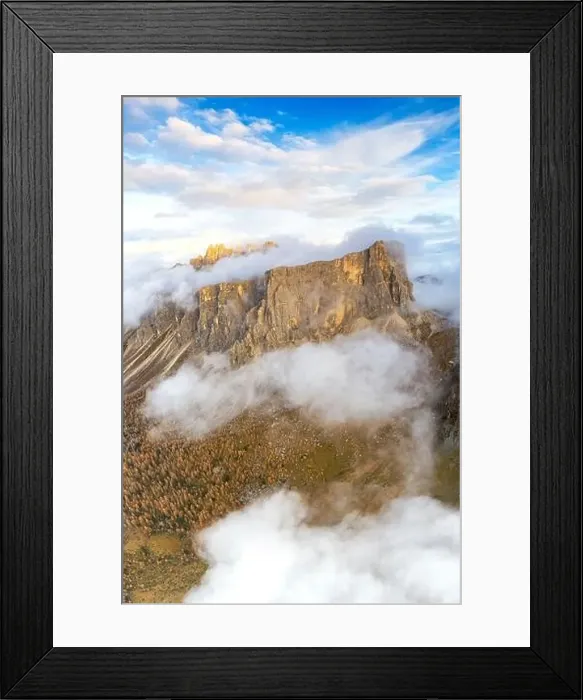 Framed Print : Aerial panoramic by drone of Lastoi De Formin and Cima Ambrizzola at sunset in autumn Framed Print : Aerial panoramic by drone of Lastoi De Formin and Cima Ambrizzola at sunset in autumn