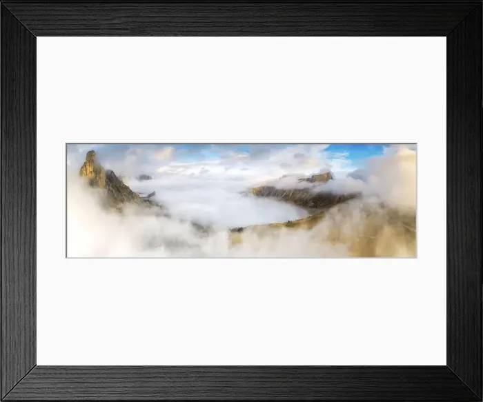 Framed Print : Aerial view by drone of fog over Ra Gusela and Lastoi De Formin in autumn Framed Print : Aerial view by drone of fog over Ra Gusela and Lastoi De Formin in autumn