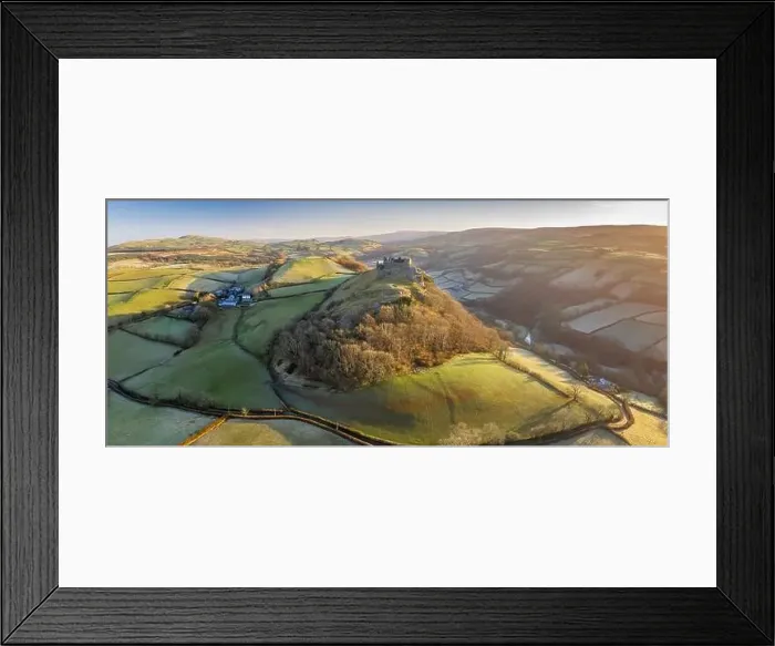 Framed Print : Aerial vista by drone of Carreg Cennen Castle Framed Print : Aerial vista by drone of Carreg Cennen Castle