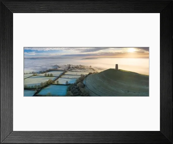 Framed Print : Aerial view by drone of frosty winter morning at Glastonbury Tor, Somerset, England, United Kingdom, Europe