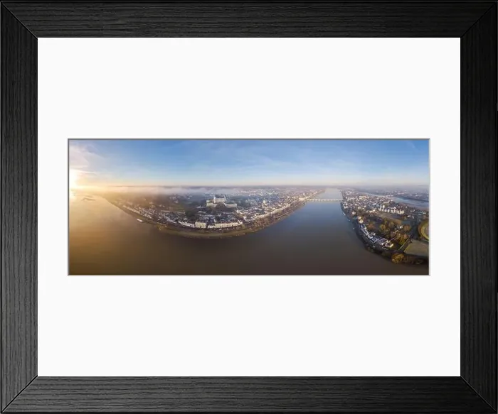 Framed Print : Aerial drone view of Saumur skyline with the medieval castle, Saint Peter church and the Loire river at sunrise Framed Print : Aerial drone view of Saumur skyline with the medieval castle, Saint Peter church and the Loire river at sunrise