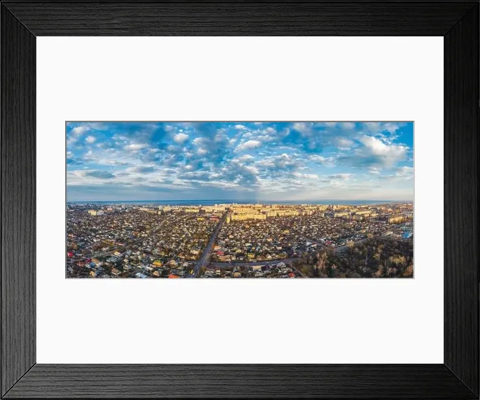 Framed Print : Aerial view from drone. Aerial view amazing sunset over of the suburbs with the city, far villages and fields Framed Print : Aerial view from drone. Aerial view amazing sunset over of the suburbs with the city, far villages and fields
