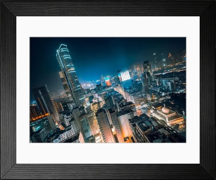 Framed Print : Panoramic View of Rooftops of Futuristic Skyscrapers at Night in Vibrant Colours, Hong Kong Framed Print : Panoramic View of Rooftops of Futuristic Skyscrapers at Night in Vibrant Colours, Hong Kong