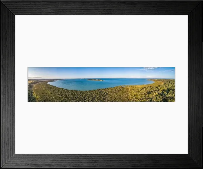 Framed Print : Wide aerial panoramic landscape of coastal wetlands in Australia Framed Print : Wide aerial panoramic landscape of coastal wetlands in Australia