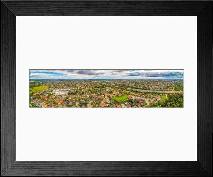 Framed Print : Wide aerial panorama of Mulgrave suburb and Eastlink highway on overcast day in Melbourne, Australia Framed Print : Wide aerial panorama of Mulgrave suburb and Eastlink highway on overcast day in Melbourne, Australia