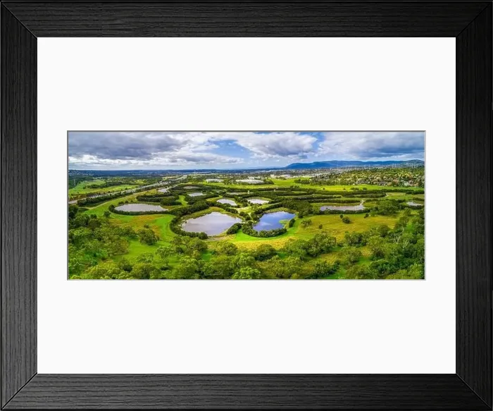 Framed Print : Aerial panorama of Tirhatuan Wetlands in Melbourne, Australia