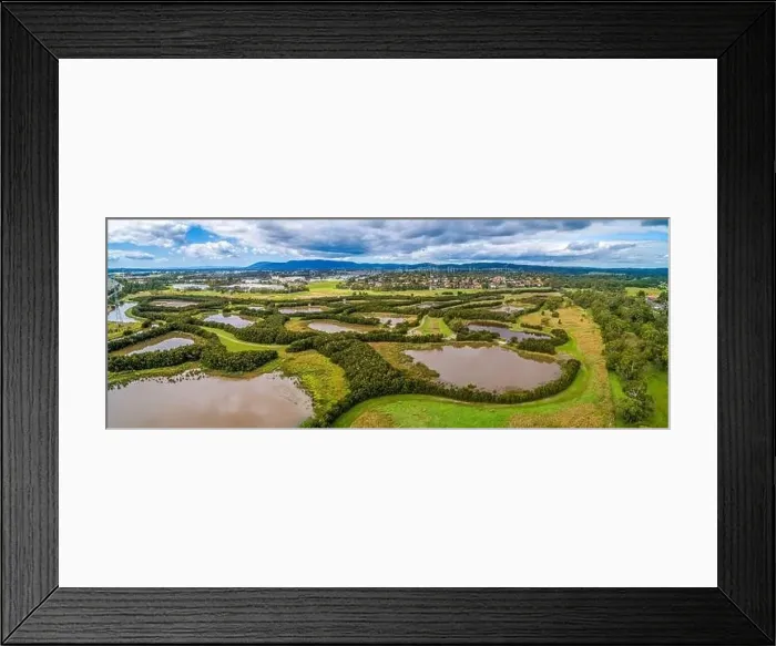 Framed Print : Aerial panoramic landscape of Tirhatuan Wetlands Reserve in Australia Framed Print : Aerial panoramic landscape of Tirhatuan Wetlands Reserve in Australia