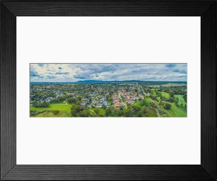 Framed Print : Wide aerial panorama of beautiful suburb of Melbourne with greenery and trees - Rowville, Victoria, Australia Framed Print : Wide aerial panorama of beautiful suburb of Melbourne with greenery and trees - Rowville, Victoria, Australia