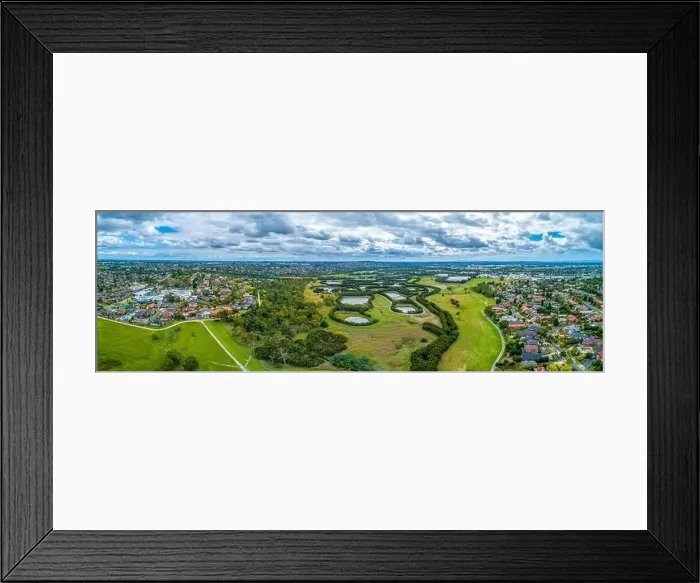 Framed Print : Aerial panorama of Tirhatuan Wetlands and Rowville suburb in Melbourne, Australia Framed Print : Aerial panorama of Tirhatuan Wetlands and Rowville suburb in Melbourne, Australia