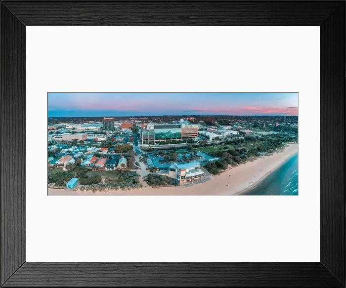 Framed Print : Aerial panorama of South East Water head office building and Waves cafe at sunset in Frankston, Victoria, Australia Framed Print : Aerial panorama of South East Water head office building and Waves cafe at sunset in Frankston, Victoria, Australia