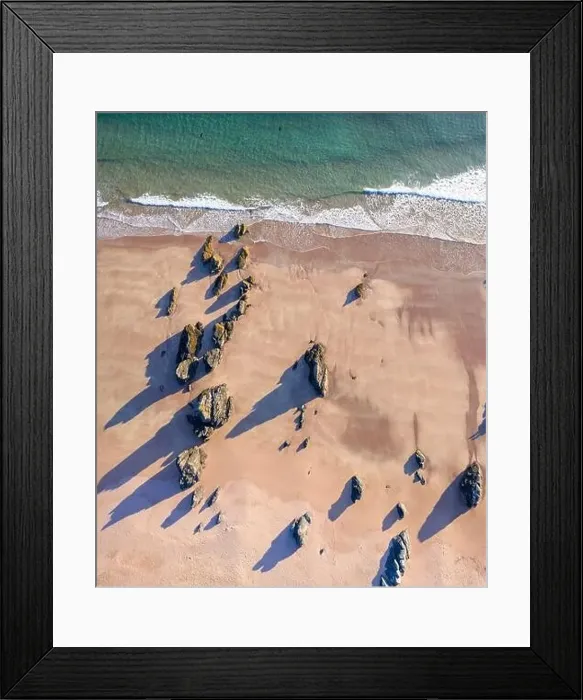 Framed Print : Top down aerial view over Durness Sands at sunny morning in the Northwest Highlands of Scotland - NC500 Framed Print : Top down aerial view over Durness Sands at sunny morning in the Northwest Highlands of Scotland - NC500