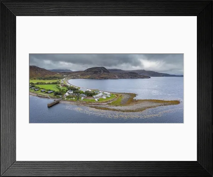 Framed Print : Wide panoramic drone shoot at cloudy autumnal day over popular campsite in Ardmair in the North West Coast of Scotland Framed Print : Wide panoramic drone shoot at cloudy autumnal day over popular campsite in Ardmair in the North West Coast of Scotland