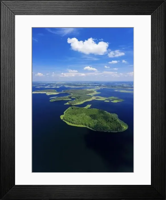 Framed Print : Braslaw lakes national park, Belarus. Aerial landscape. Lake with beautiful islands and sky summer photo from a drone Framed Print : Braslaw lakes national park, Belarus. Aerial landscape. Lake with beautiful islands and sky summer photo from a drone